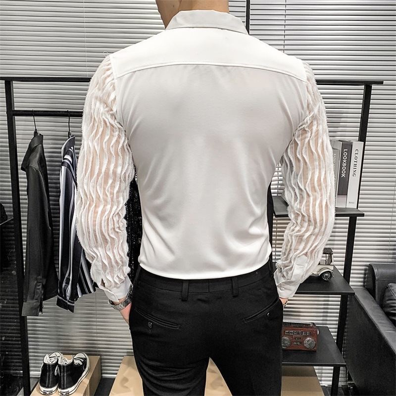 Muška košulja s dugim rukavima, korejskog stila, jednobojna, čipkasti umetak, slim fit, proljeće 2024