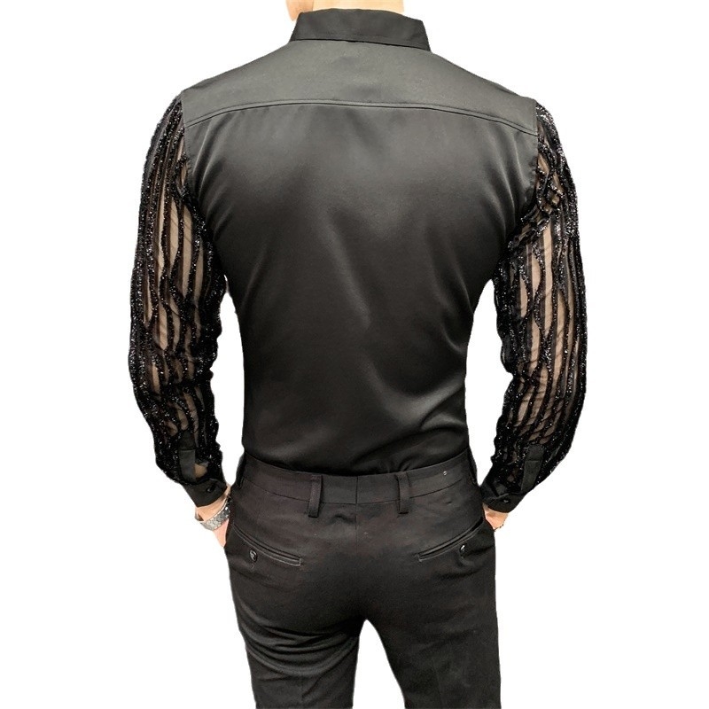 Muška košulja s dugim rukavima, korejskog stila, jednobojna, čipkasti umetak, slim fit, proljeće 2024