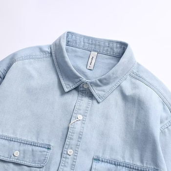 Muška košulja-jakna u američkom stilu, s dvjema džepovima, retro workwear izgled, denim od pamuka, labav kroj, dugi rukavi, oštar ovratnik