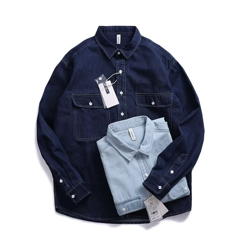 Muška košulja-jakna u američkom stilu, s dvjema džepovima, retro workwear izgled, denim od pamuka, labav kroj, dugi rukavi, oštar ovratnik