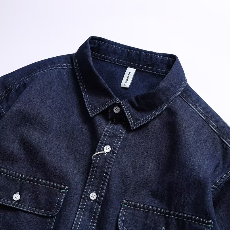 Muška košulja-jakna u američkom stilu, s dvjema džepovima, retro workwear izgled, denim od pamuka, labav kroj, dugi rukavi, oštar ovratnik