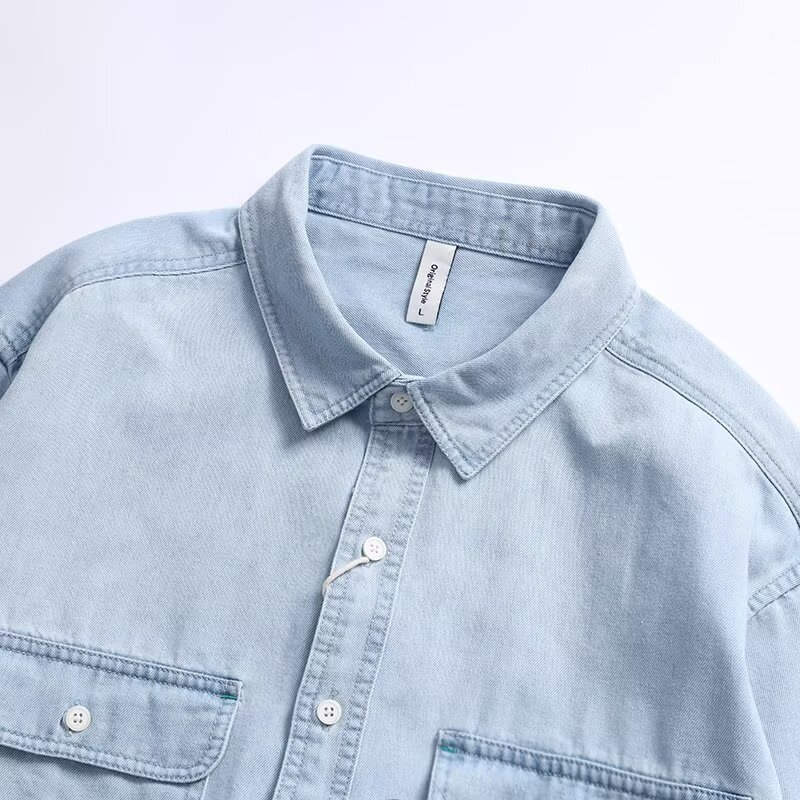Muška košulja-jakna u američkom stilu, s dvjema džepovima, retro workwear izgled, denim od pamuka, labav kroj, dugi rukavi, oštar ovratnik