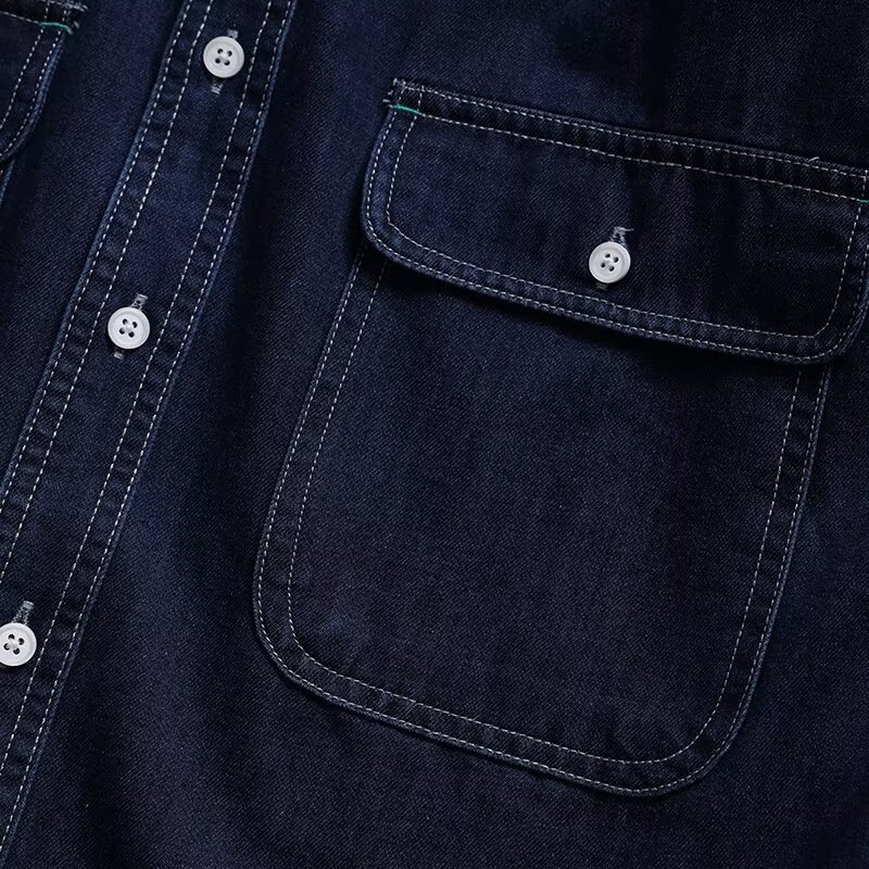 Muška košulja-jakna u američkom stilu, s dvjema džepovima, retro workwear izgled, denim od pamuka, labav kroj, dugi rukavi, oštar ovratnik
