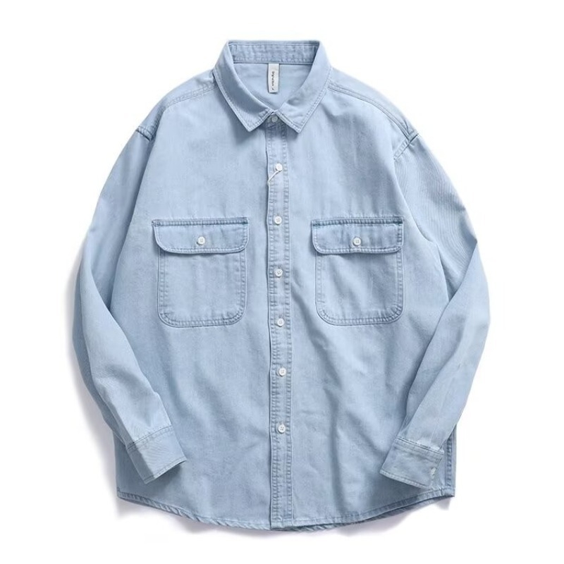 Muška košulja-jakna u američkom stilu, s dvjema džepovima, retro workwear izgled, denim od pamuka, labav kroj, dugi rukavi, oštar ovratnik