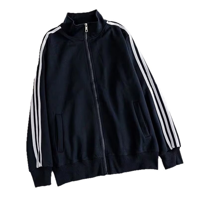 Férfi fekete állógalléros kardigán-sweatshirt, könnyű, lazán szabott baseball-stílusú