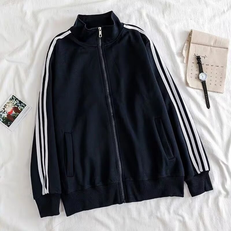 Férfi fekete állógalléros kardigán-sweatshirt, könnyű, lazán szabott baseball-stílusú
