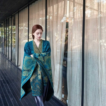 Ženski šal-kap Peacock Blue, etnički stil, warp-pleteni imitacija kašmira, tie-dye