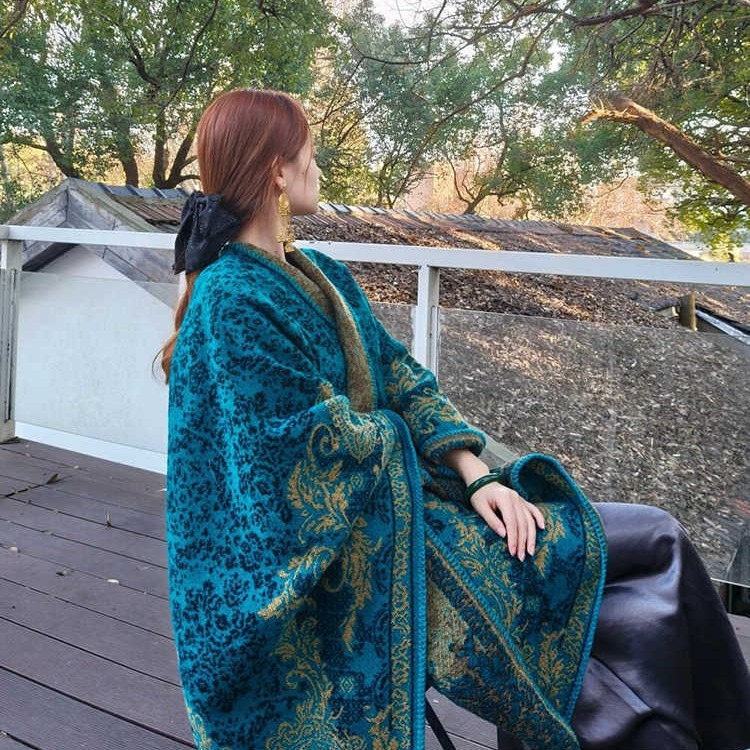 Ženski šal-kap Peacock Blue, etnički stil, warp-pleteni imitacija kašmira, tie-dye