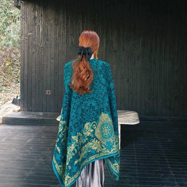 Ženski šal-kap Peacock Blue, etnički stil, warp-pleteni imitacija kašmira, tie-dye
