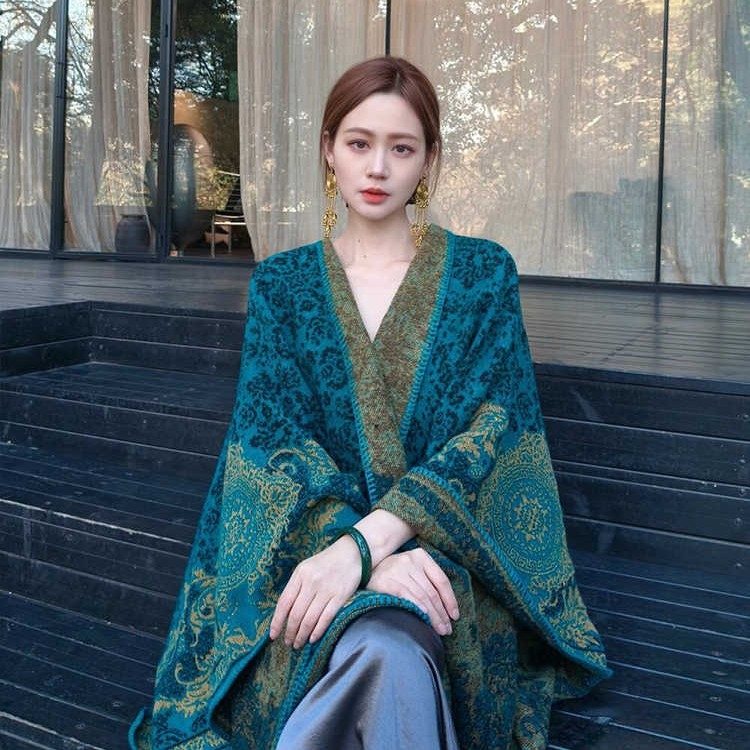 Ženski šal-kap Peacock Blue, etnički stil, warp-pleteni imitacija kašmira, tie-dye