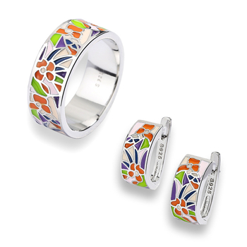 Boho stil, emajlirani cvjetni set prstena i naušnica, kontrast boja, elegantni nakit