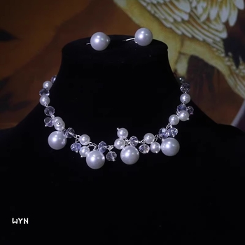 Set bisernog nakita: ogrlica i naušnice za žene, elegantni lanac na ključnu kost, luksuzni vjenčani nakit