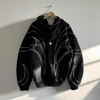Uniszex kapucnis zipzáras pulóver kereszt mintával, streetwear stílus, laza szabás, poliészter