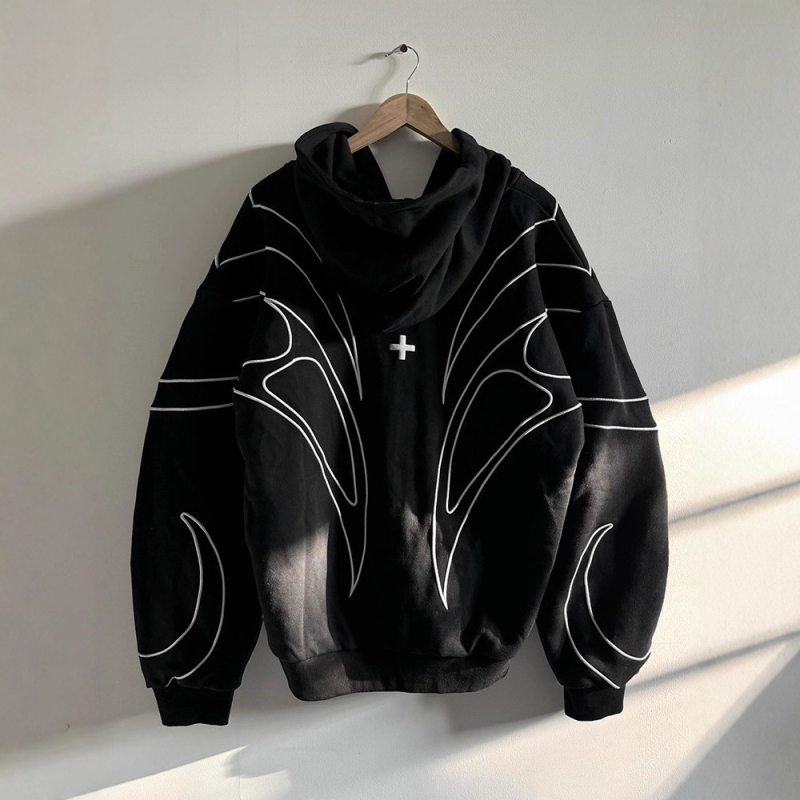 Uniszex kapucnis zipzáras pulóver kereszt mintával, streetwear stílus, laza szabás, poliészter