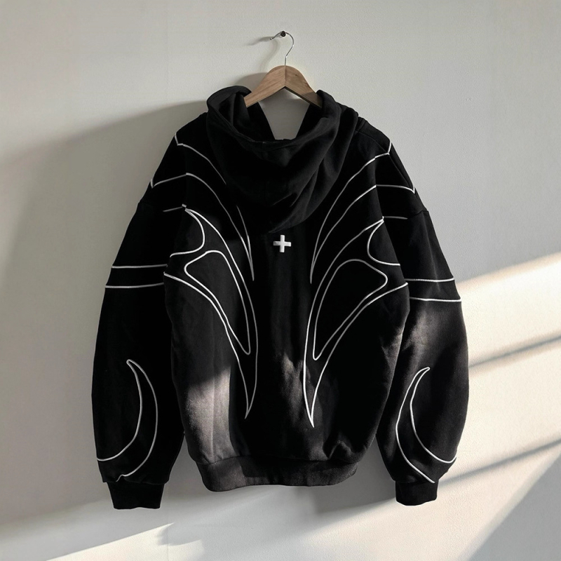 Uniszex kapucnis zipzáras pulóver kereszt mintával, streetwear stílus, laza szabás, poliészter