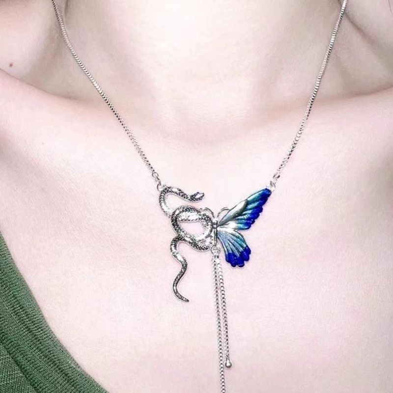 Unisex ogrlica s motivom leptira i zmije, privjesak od legure, box lanac