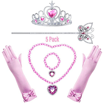 Roza set dodataka za princeze: tiara za kosu, štapić s leptirima, ogrlica, narukvica i rukavice