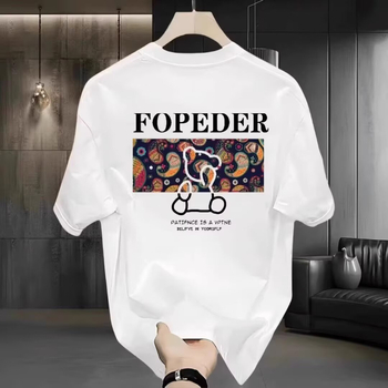 Férfi pamut rövid ujjú póló cartoon mintával, 2025-ös új modell, karcsúsított fazon, kerek nyakú, nyár
