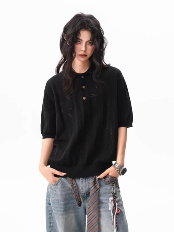 Jacquard textúrájú borzolt polo rövid ujjú, uniszex, nyár, lélegző kötött felső