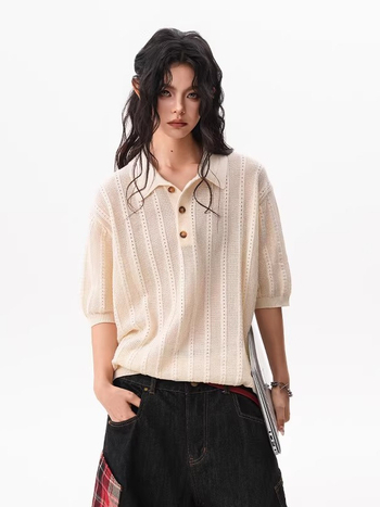 Jacquard textúrájú borzolt polo rövid ujjú, uniszex, nyár, lélegző kötött felső