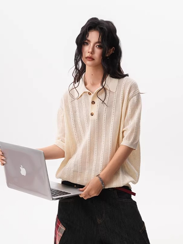 Jacquard textúrájú borzolt polo rövid ujjú, uniszex, nyár, lélegző kötött felső