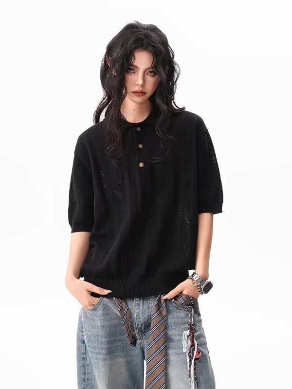 Jacquard textúrájú borzolt polo rövid ujjú, uniszex, nyár, lélegző kötött felső