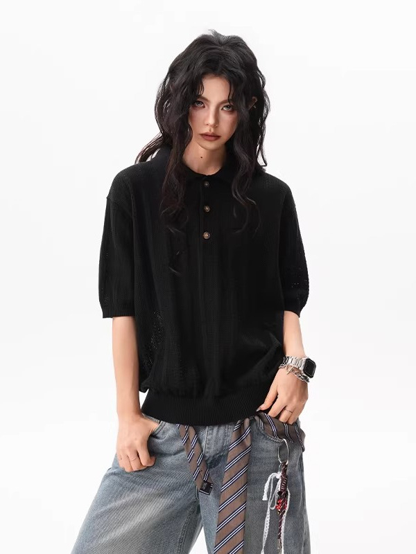 Jacquard textúrájú borzolt polo rövid ujjú, uniszex, nyár, lélegző kötött felső
