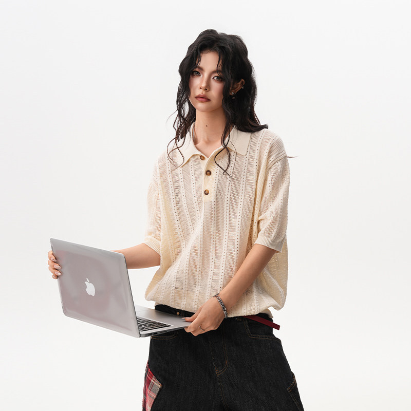Jacquard textúrájú borzolt polo rövid ujjú, uniszex, nyár, lélegző kötött felső