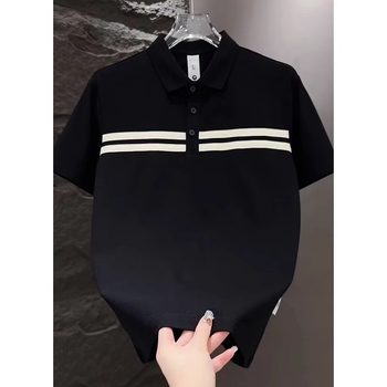 Polo bărbătește cu patchwork în dungi, mânecă scurtă, vara 2025, stil casual, elegant și ușor luxos