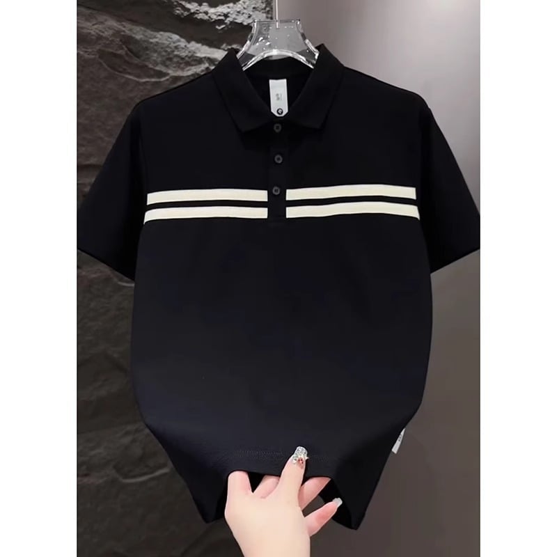 Polo bărbătește cu patchwork în dungi, mânecă scurtă, vara 2025, stil casual, elegant și ușor luxos