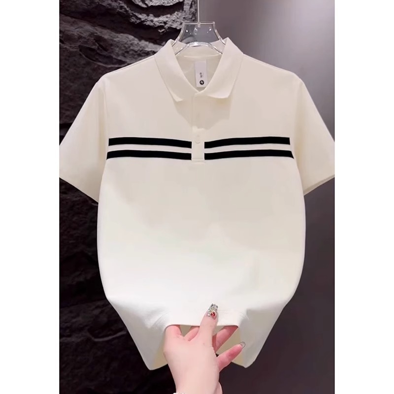 Polo bărbătește cu patchwork în dungi, mânecă scurtă, vara 2025, stil casual, elegant și ușor luxos