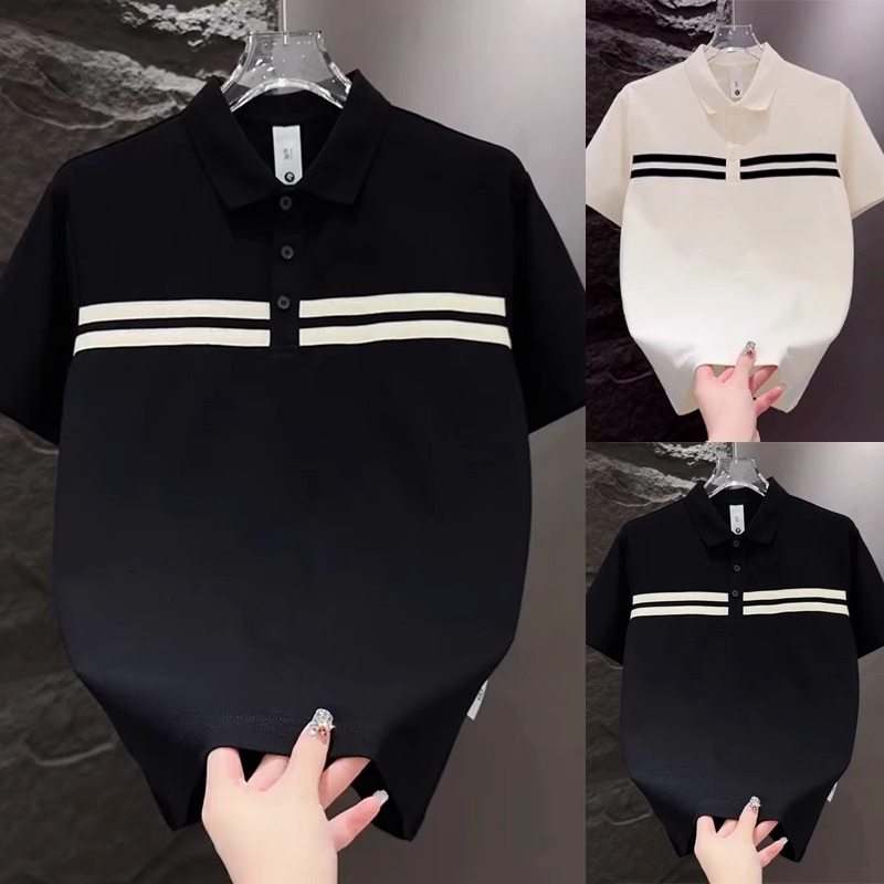 Polo bărbătește cu patchwork în dungi, mânecă scurtă, vara 2025, stil casual, elegant și ușor luxos
