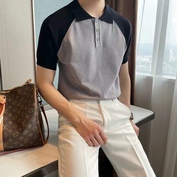 Férfi nyári color-block polo, lélegző, vasalásmentes, kiváló minőségű, rövid ujjú, gallérral.