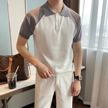 Férfi nyári color-block polo, lélegző, vasalásmentes, kiváló minőségű, rövid ujjú, gallérral.