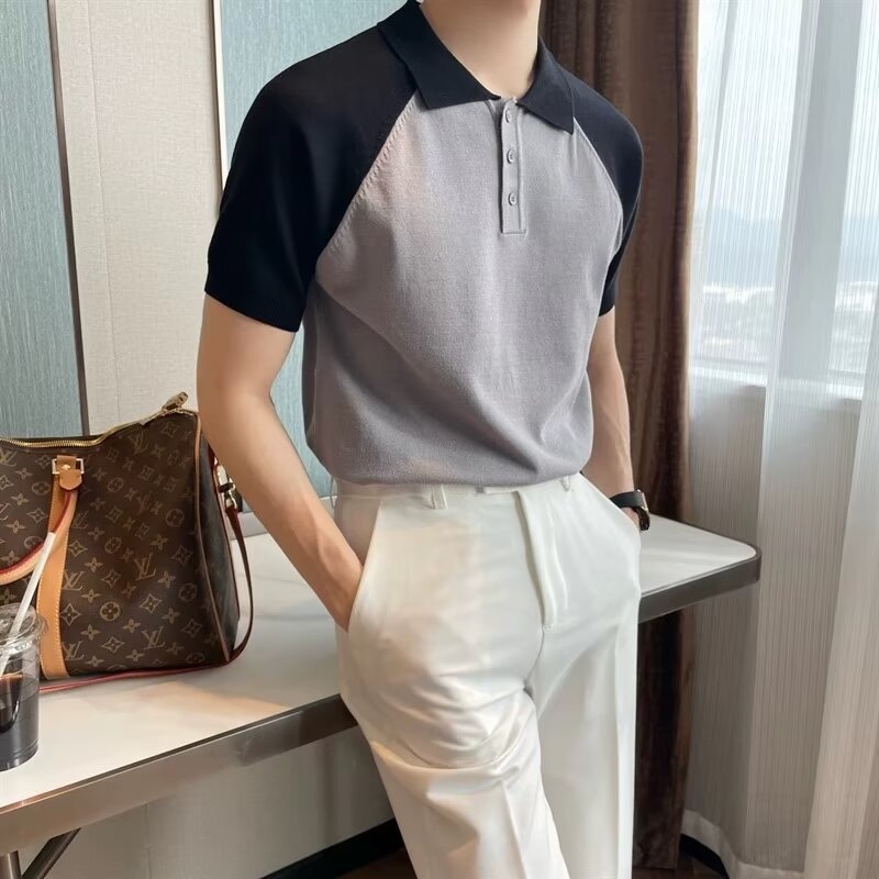 Férfi nyári color-block polo, lélegző, vasalásmentes, kiváló minőségű, rövid ujjú, gallérral.