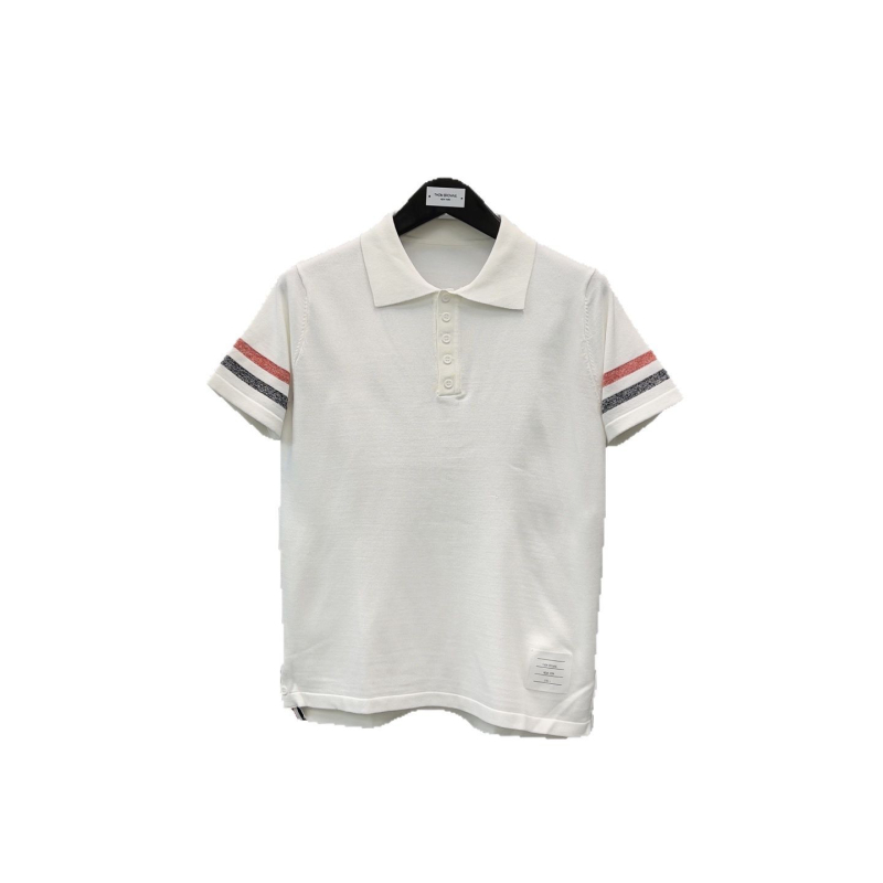 Unisex pleteni pulover s polo ovratnikom, prugasti dizajn, kratkih rukava, crveno-bijelo-plave boje