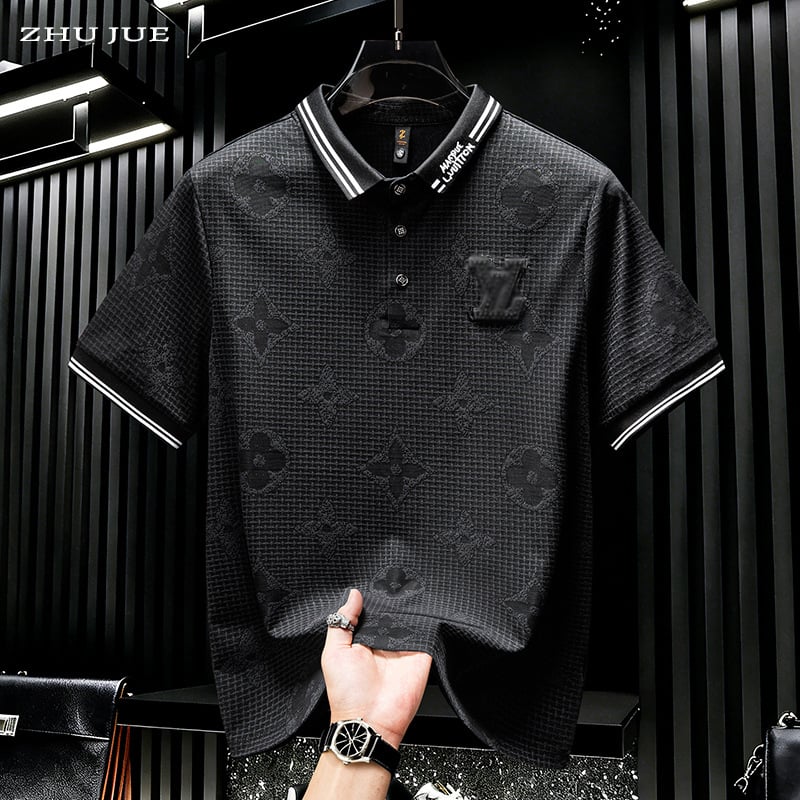 Férfi rövid ujjú póló, nyári casual stílus, gallér, jacquard textúra, trendi márka