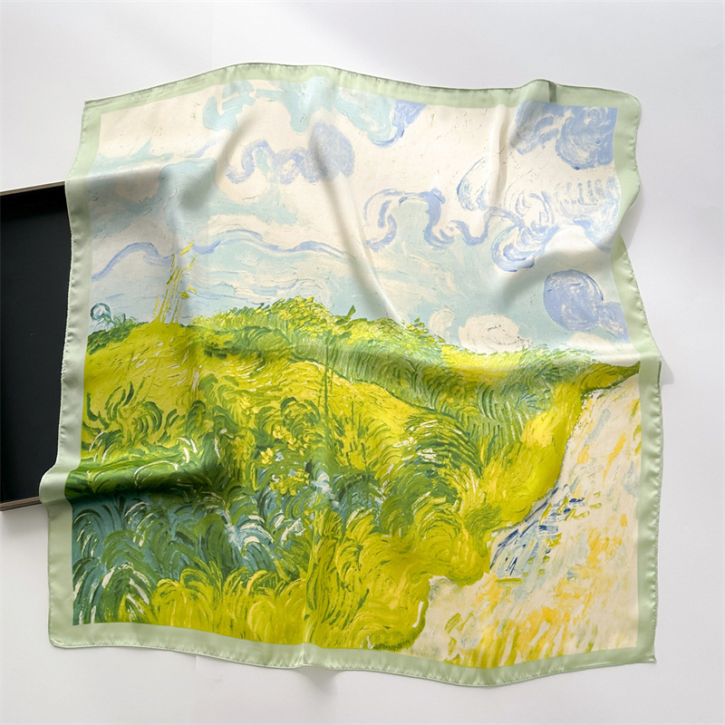 Šal s printom zelenog polja pšenice, poliester, kvadratni 70×70 cm, izgled svile, za proljeće; šal za vrat, traka za kosu i dekorativni šal za glavu