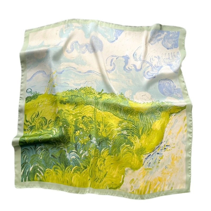 Šal s printom zelenog polja pšenice, poliester, kvadratni 70×70 cm, izgled svile, za proljeće; šal za vrat, traka za kosu i dekorativni šal za glavu