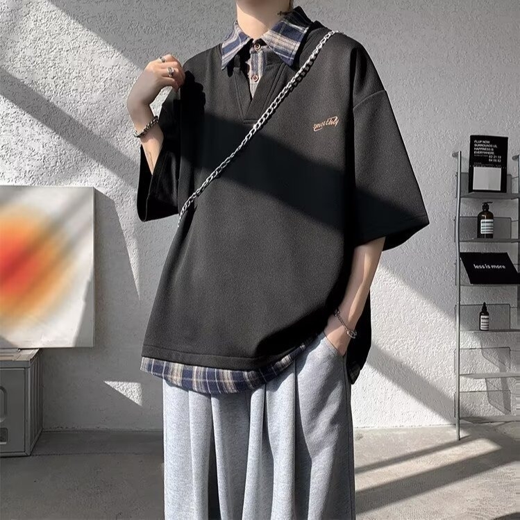 Nyári trend illúziós két részes rövid ujjú póló, uniszex, laza szabás, gallér turn-down, patchwork