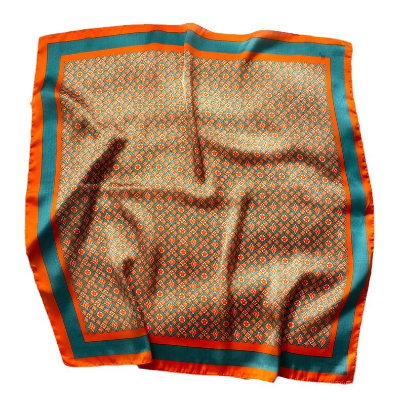 Geometrijski karirani šal s cvjetnim blokovima, svilenkasto-hodvabnim materijalom, ženski kvadratni šal 70×70 cm, pogodna za nošenje na glavi ili kao šal