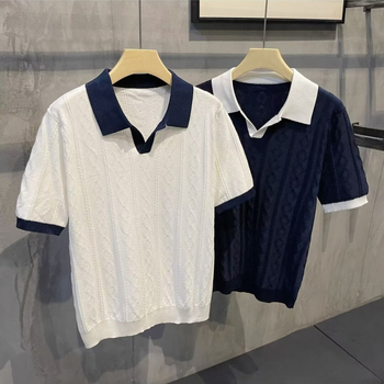 Férfi nyári polo ing, légáteresztő, colorblock dizájn, jacquard textúra, karcsú szabás, rövid ujjú