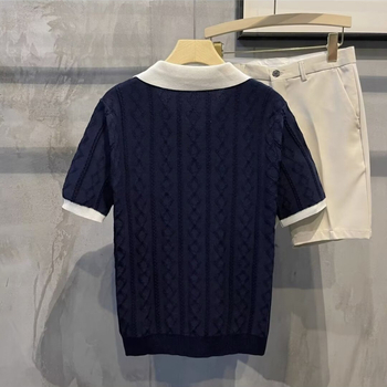 Férfi nyári polo ing, légáteresztő, colorblock dizájn, jacquard textúra, karcsú szabás, rövid ujjú