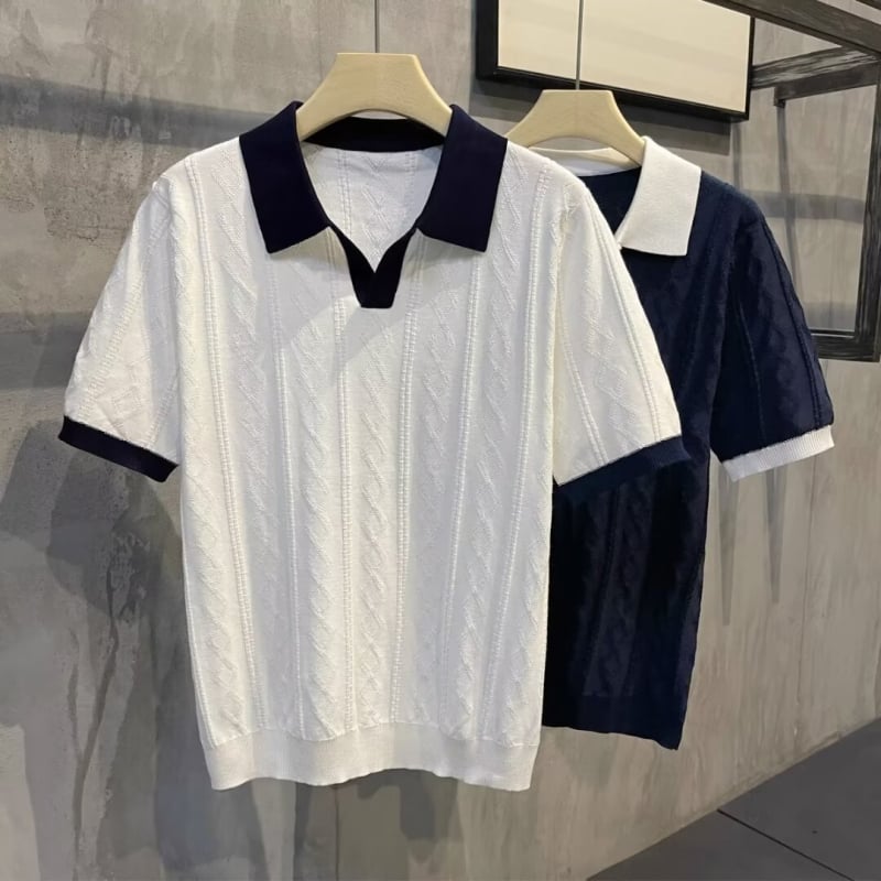 Férfi nyári polo ing, légáteresztő, colorblock dizájn, jacquard textúra, karcsú szabás, rövid ujjú
