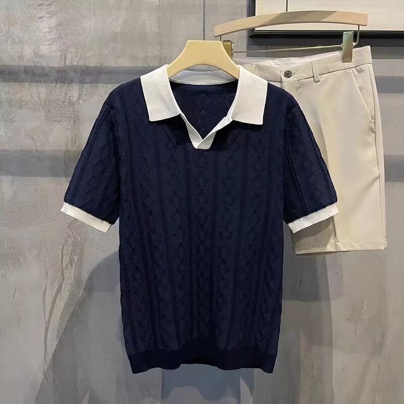Férfi nyári polo ing, légáteresztő, colorblock dizájn, jacquard textúra, karcsú szabás, rövid ujjú