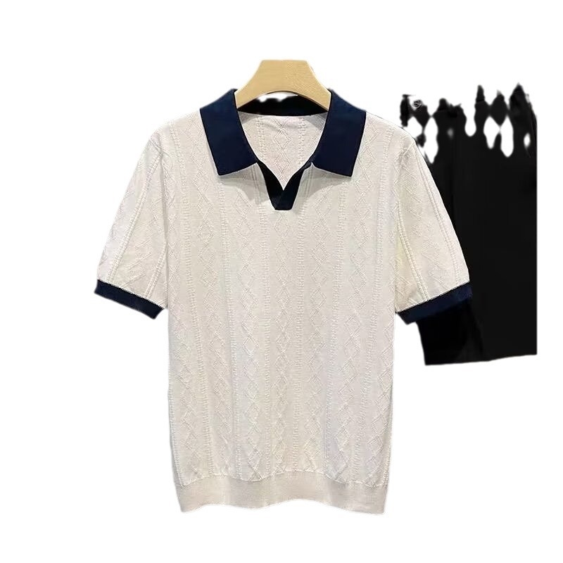 Férfi nyári polo ing, légáteresztő, colorblock dizájn, jacquard textúra, karcsú szabás, rövid ujjú