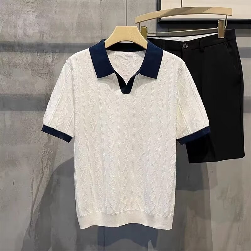 Férfi nyári polo ing, légáteresztő, colorblock dizájn, jacquard textúra, karcsú szabás, rövid ujjú