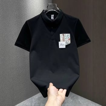 Polo masculin de vară 2025 cu patch brodat la guler, mâneci scurte, simplu și versatil, casual.