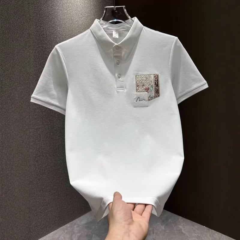Polo masculin de vară 2025 cu patch brodat la guler, mâneci scurte, simplu și versatil, casual.