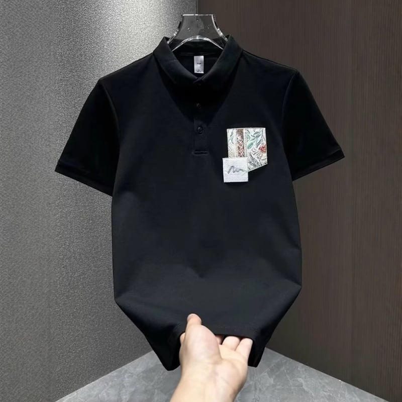 Polo masculin de vară 2025 cu patch brodat la guler, mâneci scurte, simplu și versatil, casual.